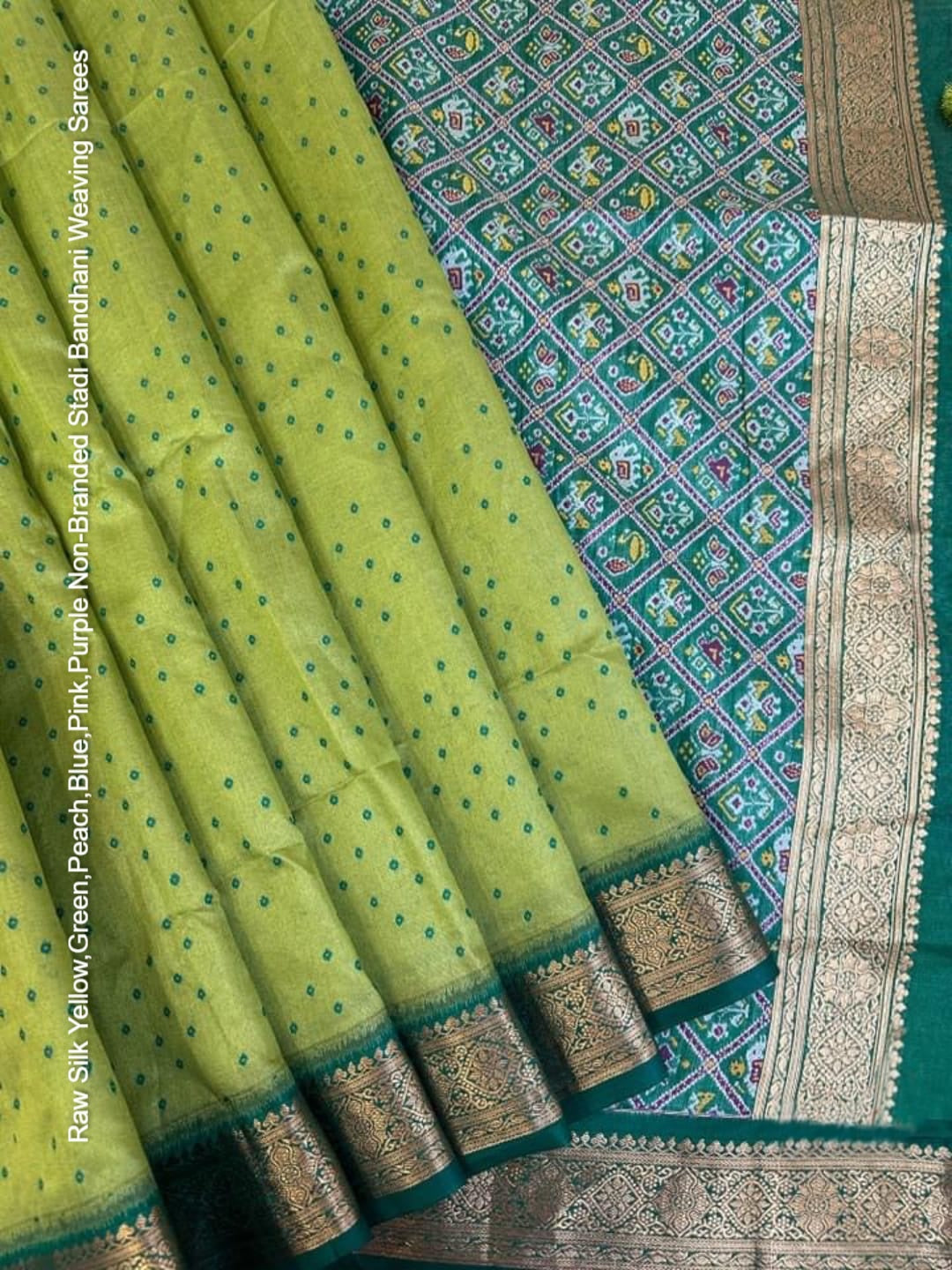 Raw Silk Yellow,Green,Peach,Blue,Pink,Purple Non-Branded Stadi Bandhani Weaving Sarees