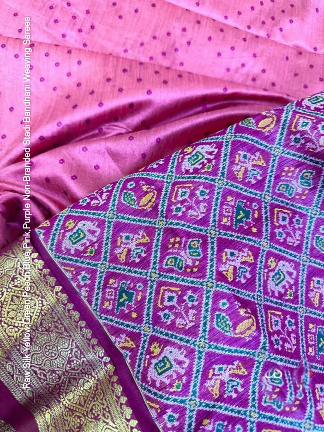 Raw Silk Yellow,Green,Peach,Blue,Pink,Purple Non-Branded Stadi Bandhani Weaving Sarees