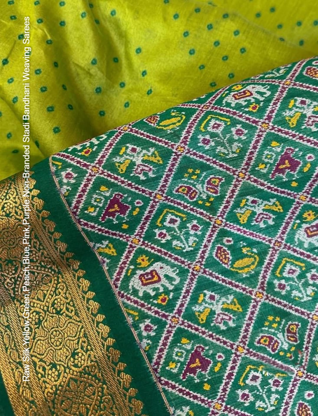 Raw Silk Yellow,Green,Peach,Blue,Pink,Purple Non-Branded Stadi Bandhani Weaving Sarees