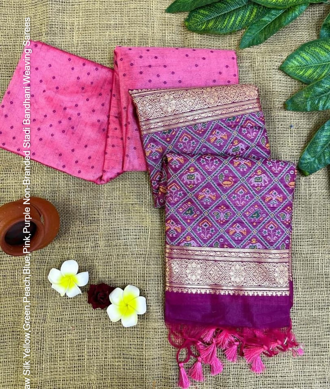 Raw Silk Yellow,Green,Peach,Blue,Pink,Purple Non-Branded Stadi Bandhani Weaving Sarees