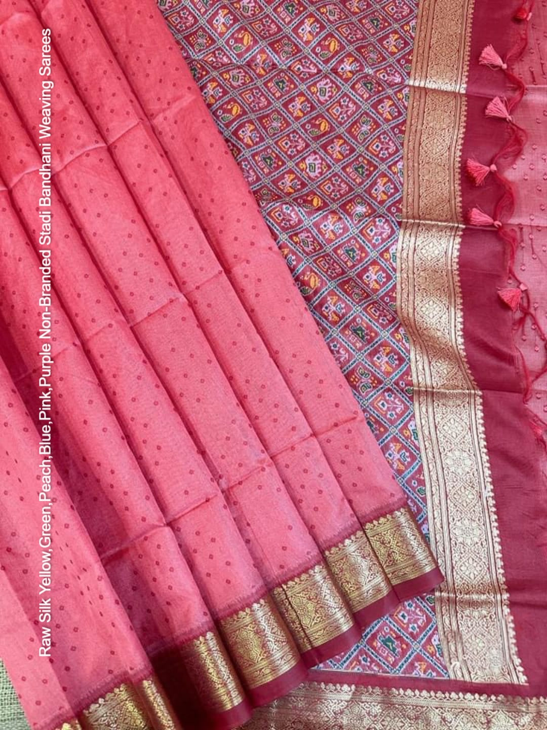 Raw Silk Yellow,Green,Peach,Blue,Pink,Purple Non-Branded Stadi Bandhani Weaving Sarees