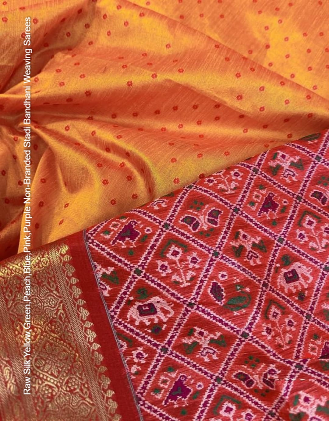 Raw Silk Yellow,Green,Peach,Blue,Pink,Purple Non-Branded Stadi Bandhani Weaving Sarees