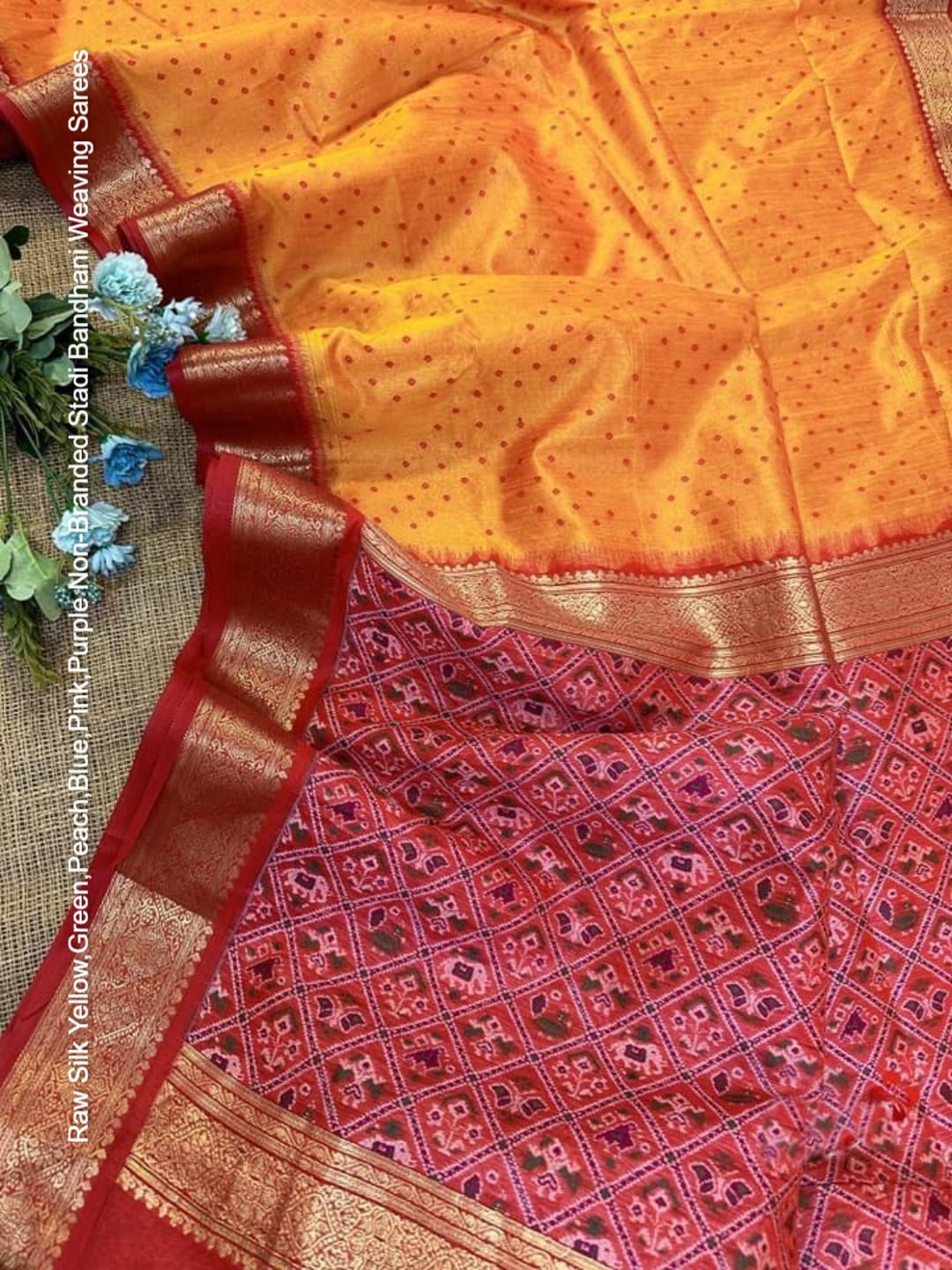 Raw Silk Yellow,Green,Peach,Blue,Pink,Purple Non-Branded Stadi Bandhani Weaving Sarees