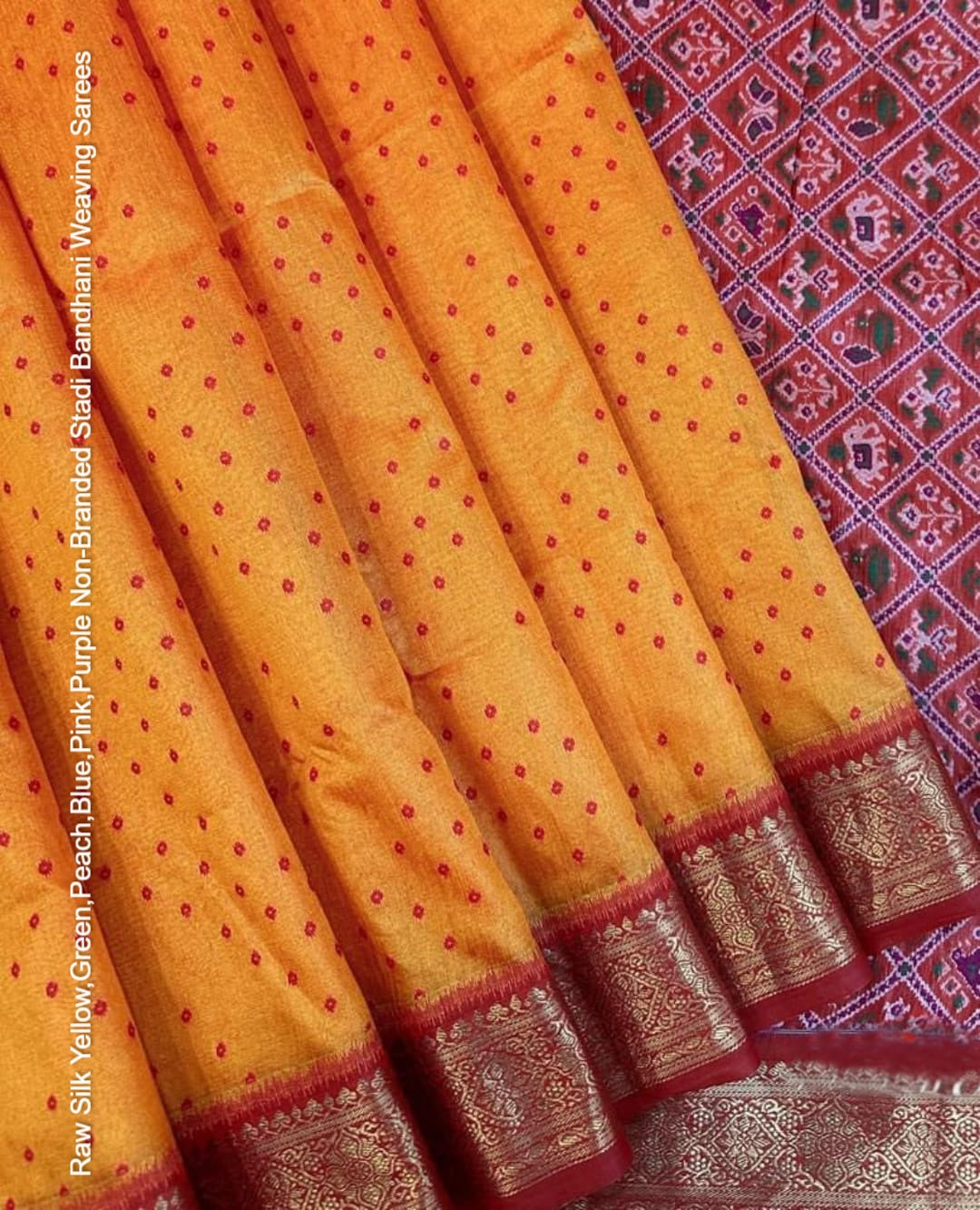 Raw Silk Yellow,Green,Peach,Blue,Pink,Purple Non-Branded Stadi Bandhani Weaving Sarees