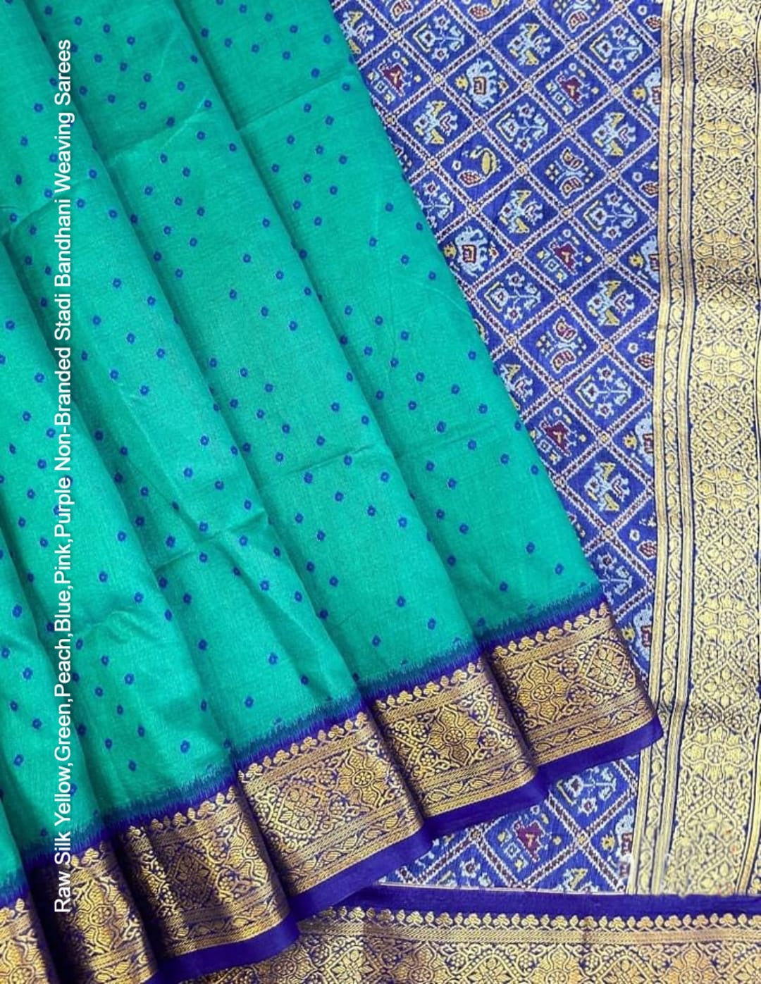 Raw Silk Yellow,Green,Peach,Blue,Pink,Purple Non-Branded Stadi Bandhani Weaving Sarees