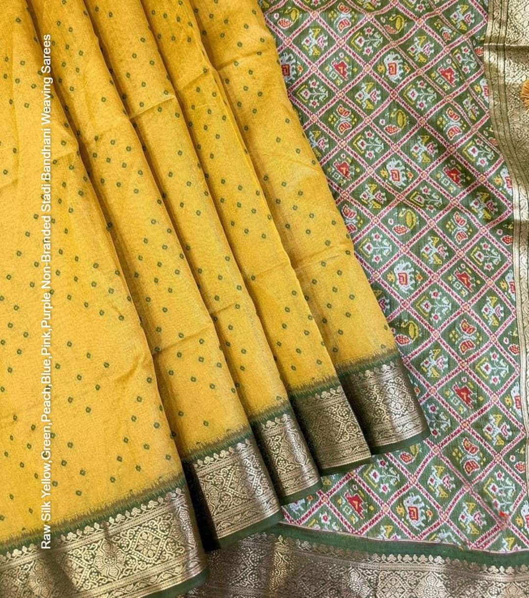 Raw Silk Yellow,Green,Peach,Blue,Pink,Purple Non-Branded Stadi Bandhani Weaving Sarees