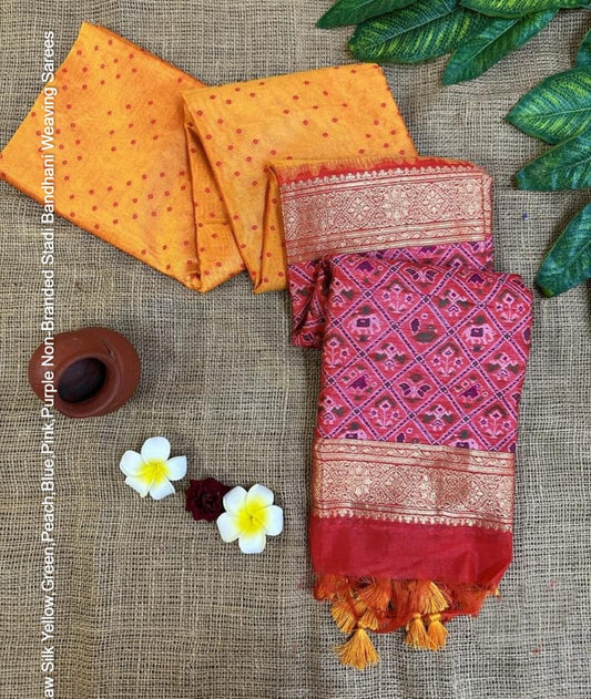 Raw Silk Yellow,Green,Peach,Blue,Pink,Purple Non-Branded Stadi Bandhani Weaving Sarees