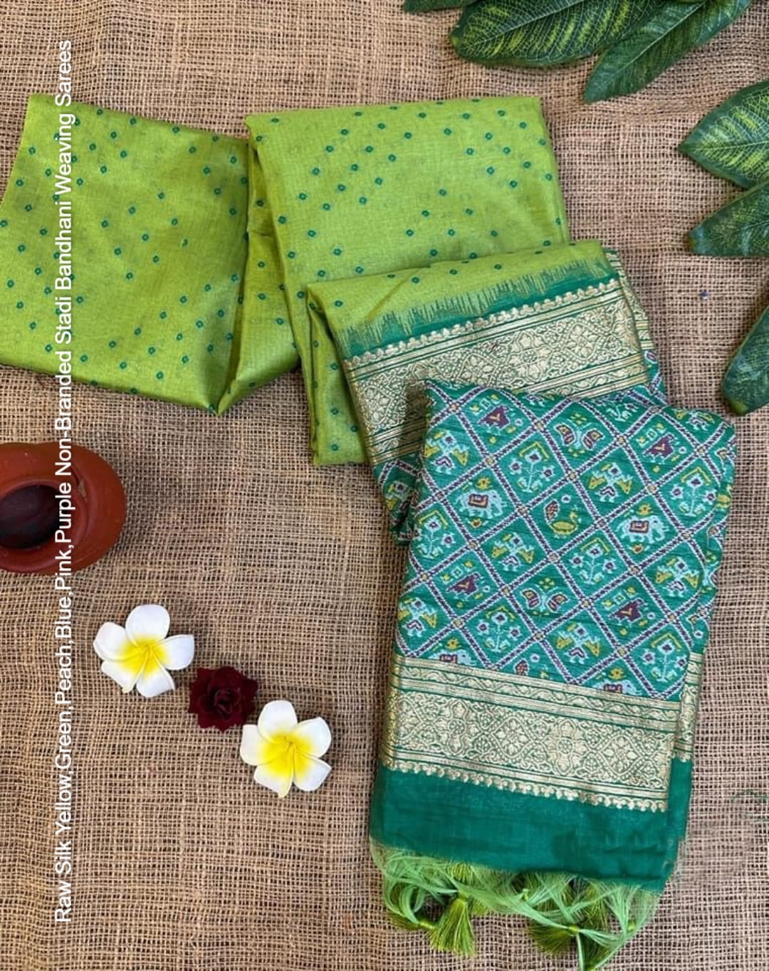 Raw Silk Yellow,Green,Peach,Blue,Pink,Purple Non-Branded Stadi Bandhani Weaving Sarees