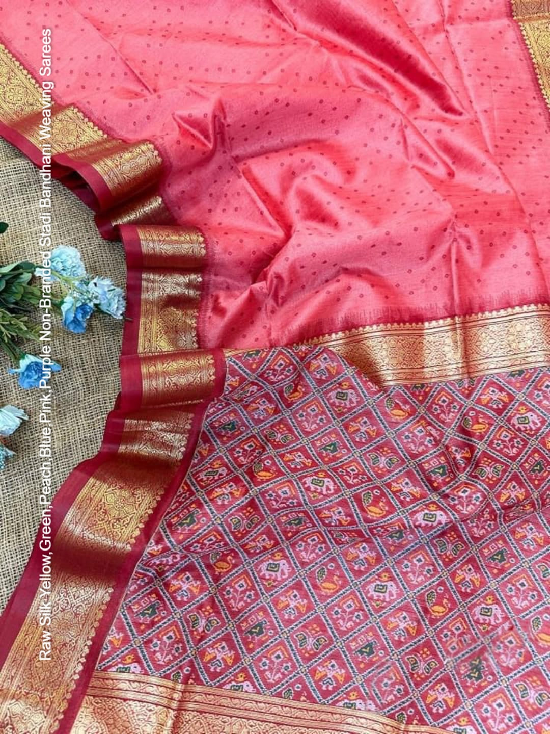 Raw Silk Yellow,Green,Peach,Blue,Pink,Purple Non-Branded Stadi Bandhani Weaving Sarees