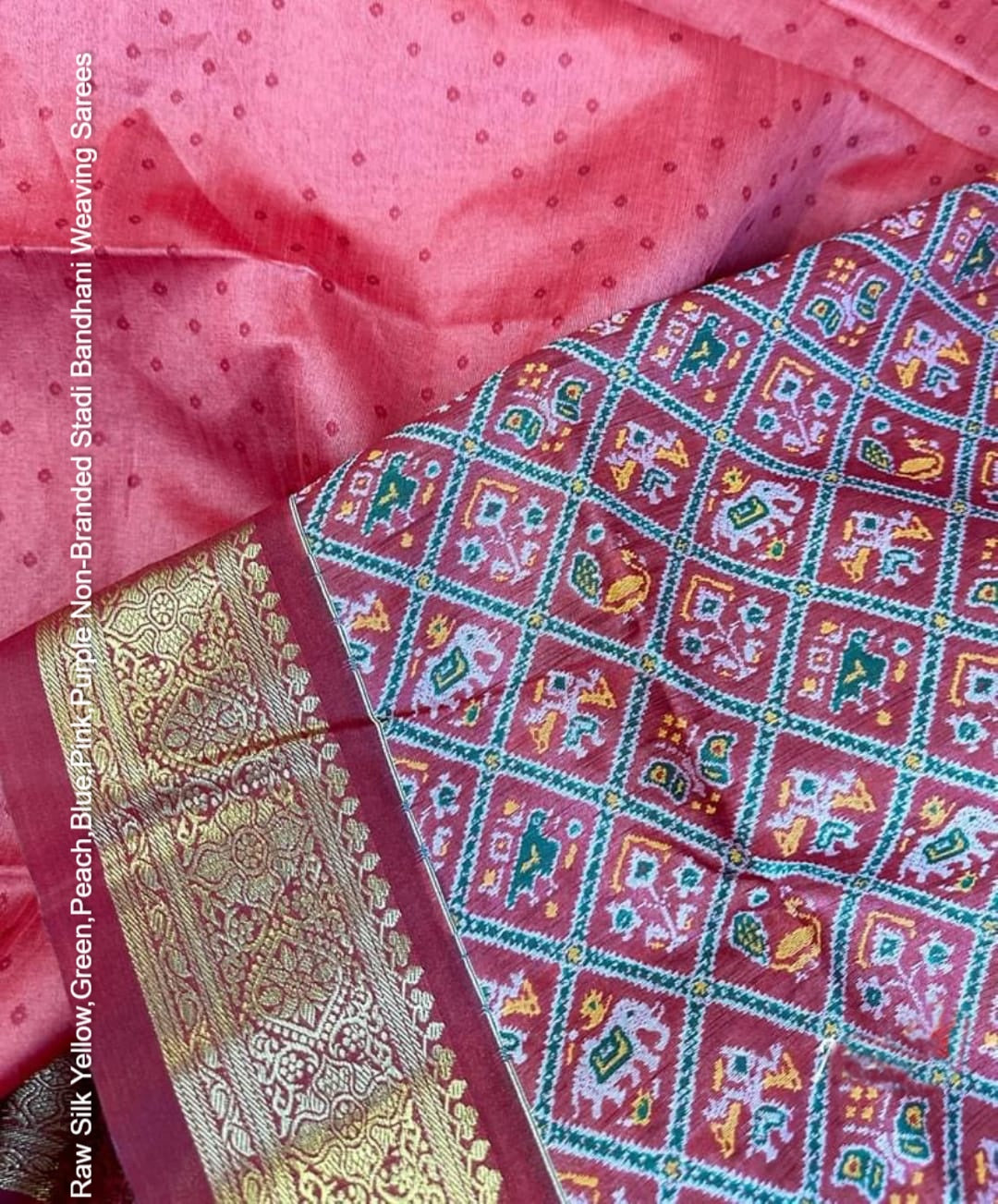 Raw Silk Yellow,Green,Peach,Blue,Pink,Purple Non-Branded Stadi Bandhani Weaving Sarees