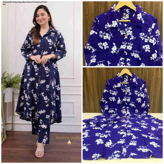 Rayon1309 Navy Blue Pavitra Sharma Printed Kurti Pant Set