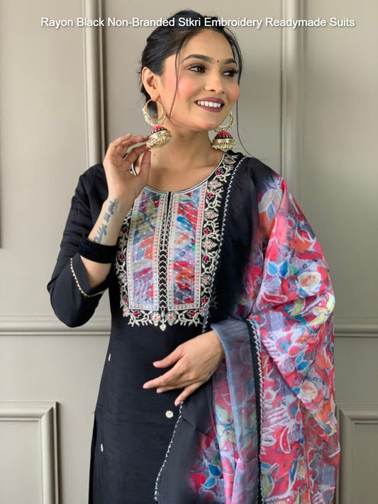 Rayon Black Non-Branded Stkri Embroidery Readymade Suits