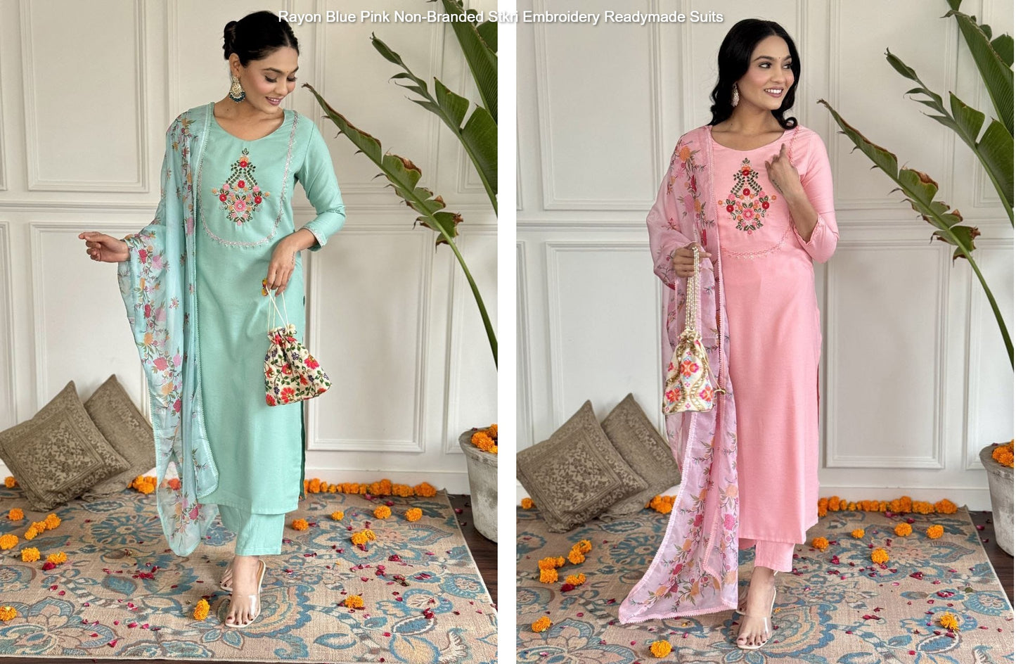 Rayon Blue Pink Non-Branded Stkri Embroidery Readymade Suits