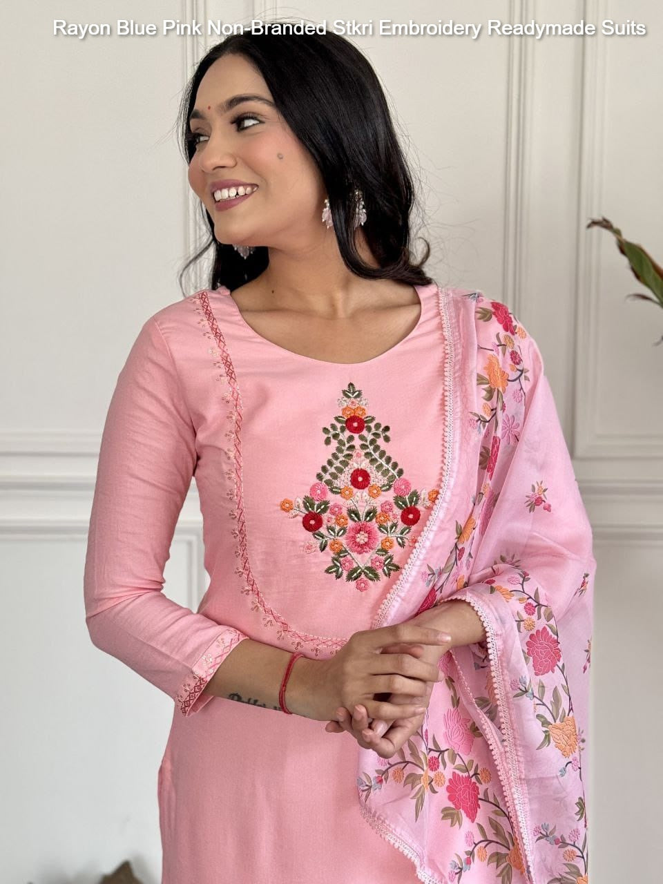Rayon Blue Pink Non-Branded Stkri Embroidery Readymade Suits