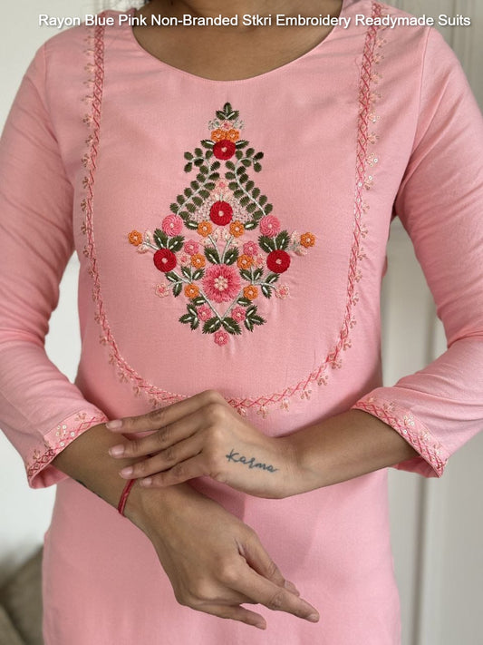 Rayon Blue Pink Non-Branded Stkri Embroidery Readymade Suits