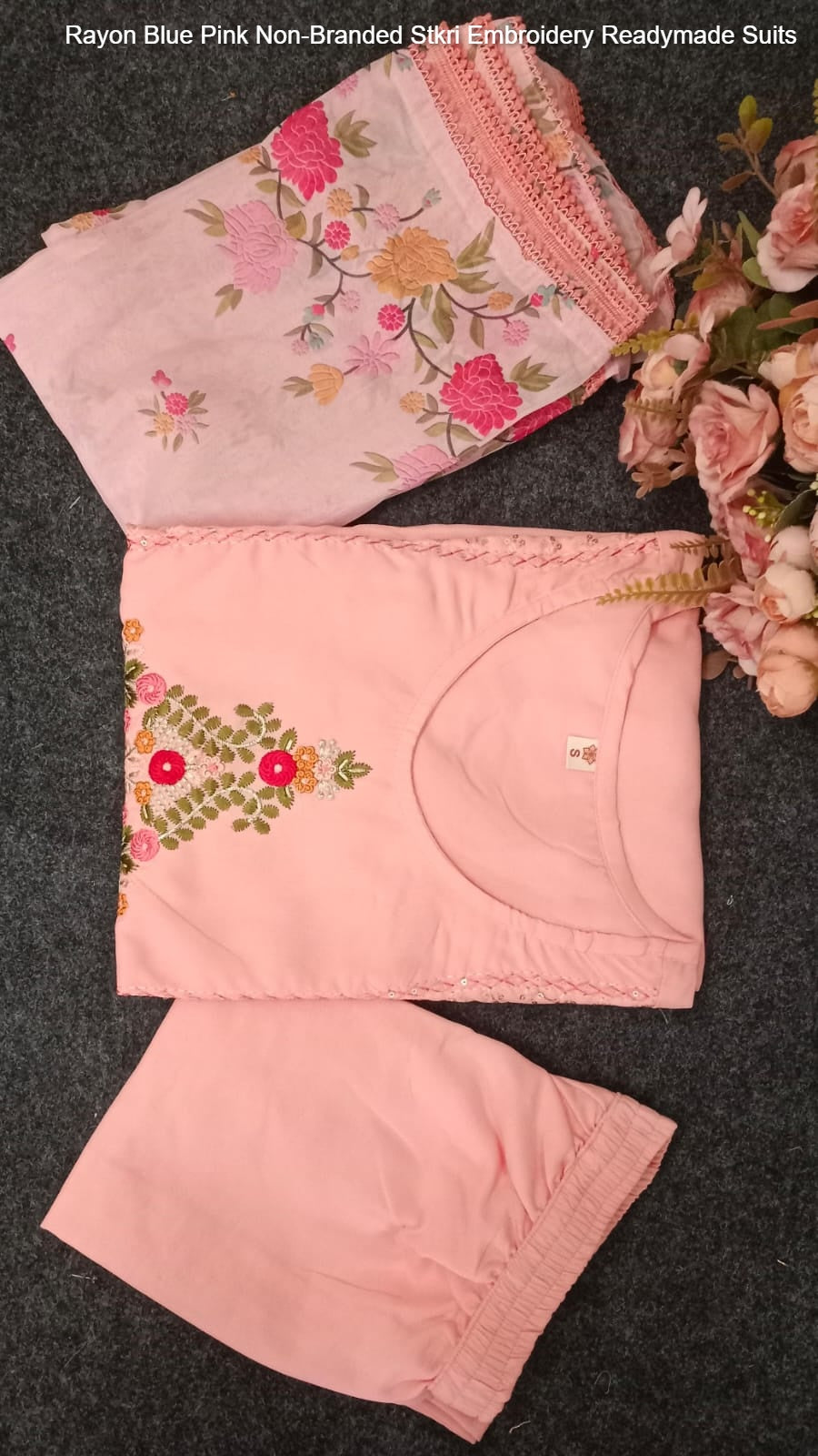 Rayon Blue Pink Non-Branded Stkri Embroidery Readymade Suits