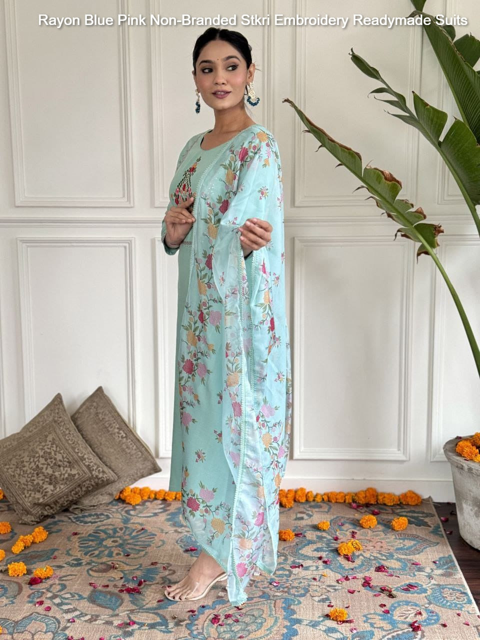 Rayon Blue Pink Non-Branded Stkri Embroidery Readymade Suits