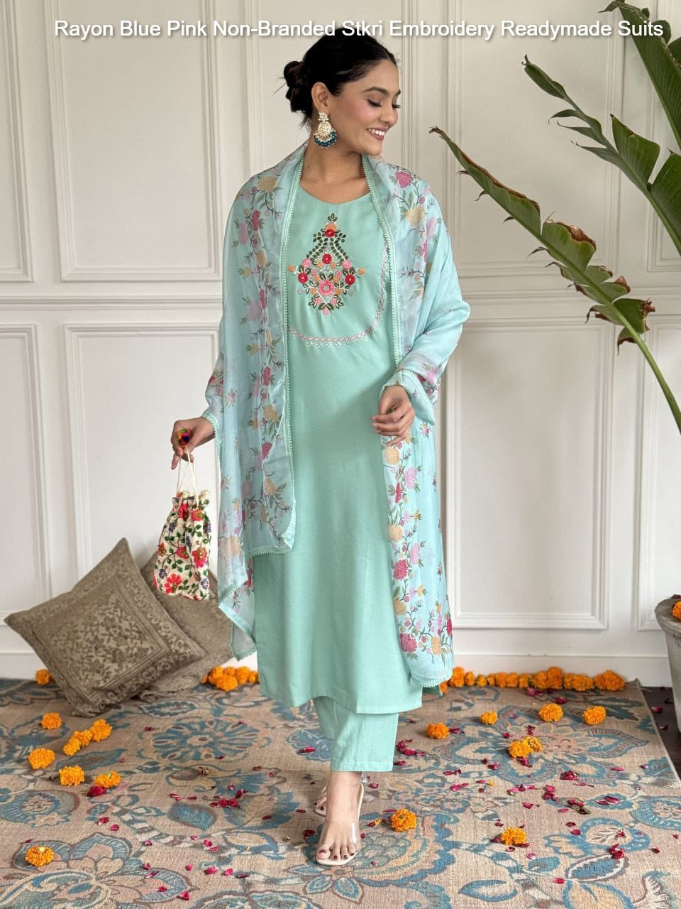 Rayon Blue Pink Non-Branded Stkri Embroidery Readymade Suits
