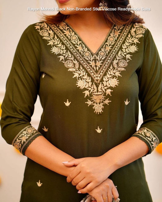 Rayon Mehndi Black Non-Branded Stkri Viscose Readymade Suits