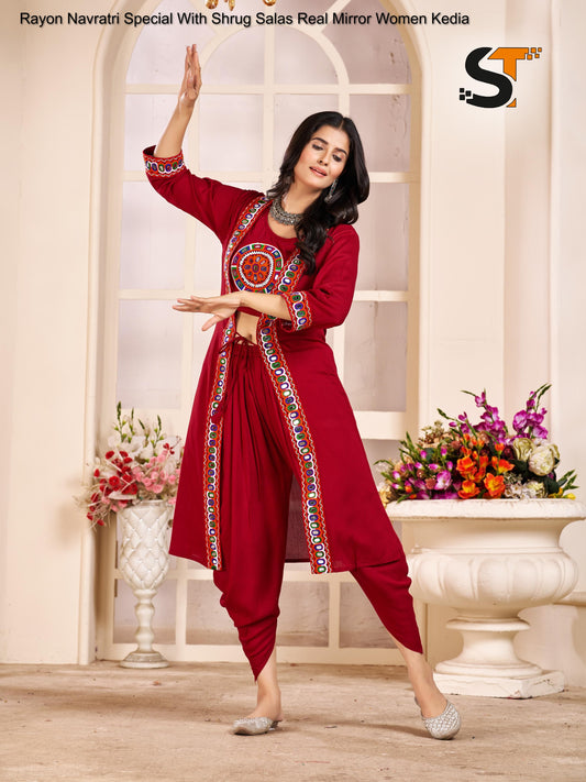 Rayon Navratri Special With Shrug Salas Real Mirror Women Kedia