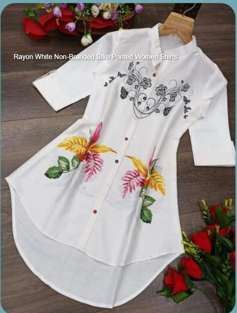 Rayon White Non-Branded Stkri Printed Women Shirts