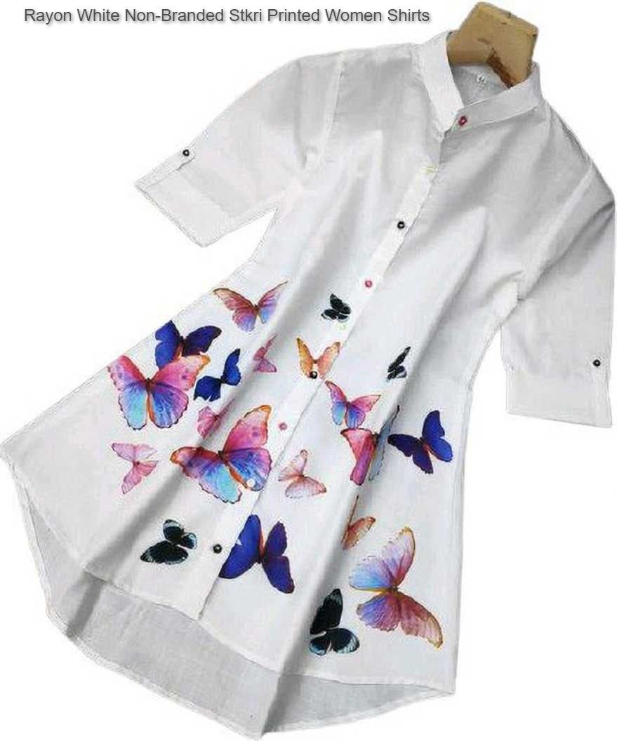 Rayon White Non-Branded Stkri Printed Women Shirts