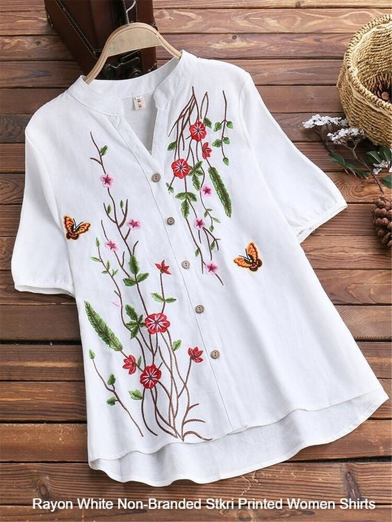 Rayon White Non-Branded Stkri Printed Women Shirts