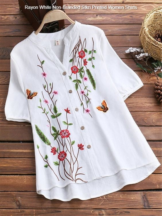 Rayon White Non-Branded Stkri Printed Women Shirts