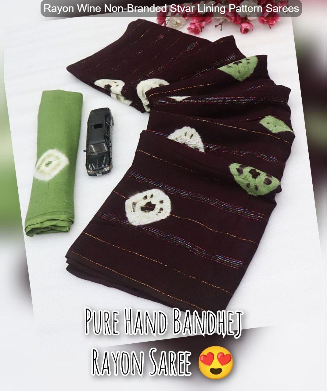 Rayon Wine Non-Branded Stvar Lining Pattern Sarees