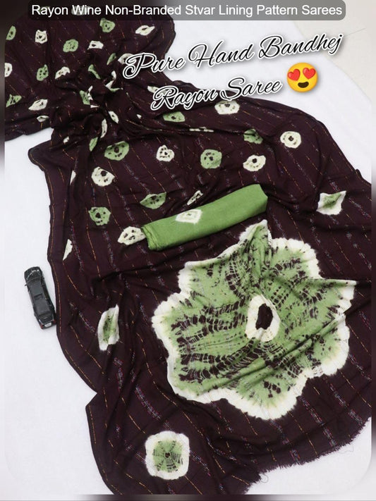 Rayon Wine Non-Branded Stvar Lining Pattern Sarees