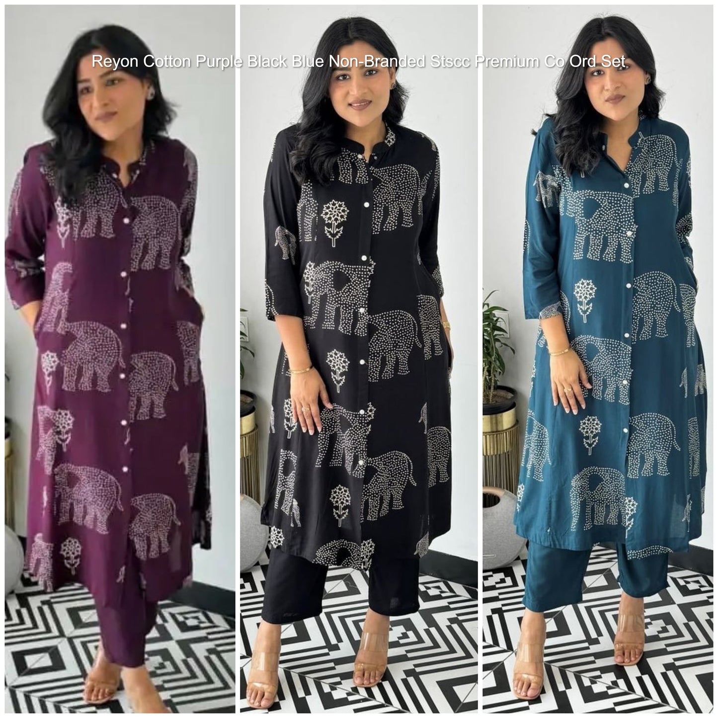 Reyon Cotton Purple Black Blue Non-Branded Stscc Premium Co Ord Set