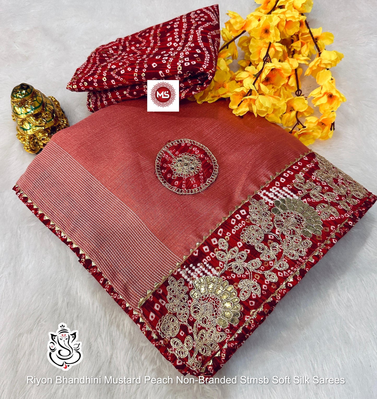 Riyon Bhandhini Mustard Peach Non-Branded Stmsb Soft Silk Sarees