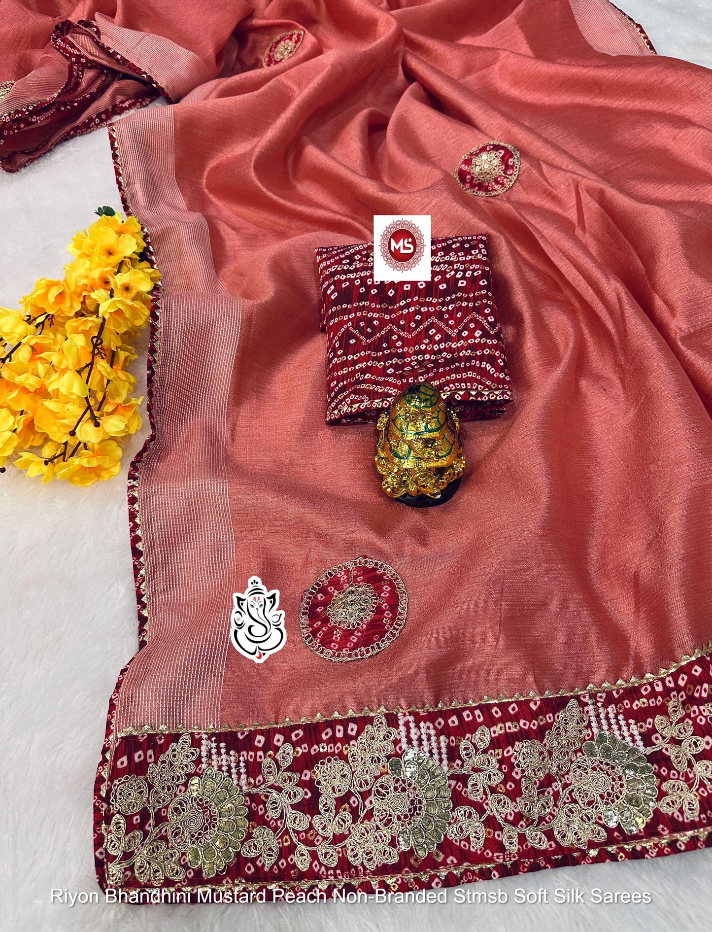 Riyon Bhandhini Mustard Peach Non-Branded Stmsb Soft Silk Sarees