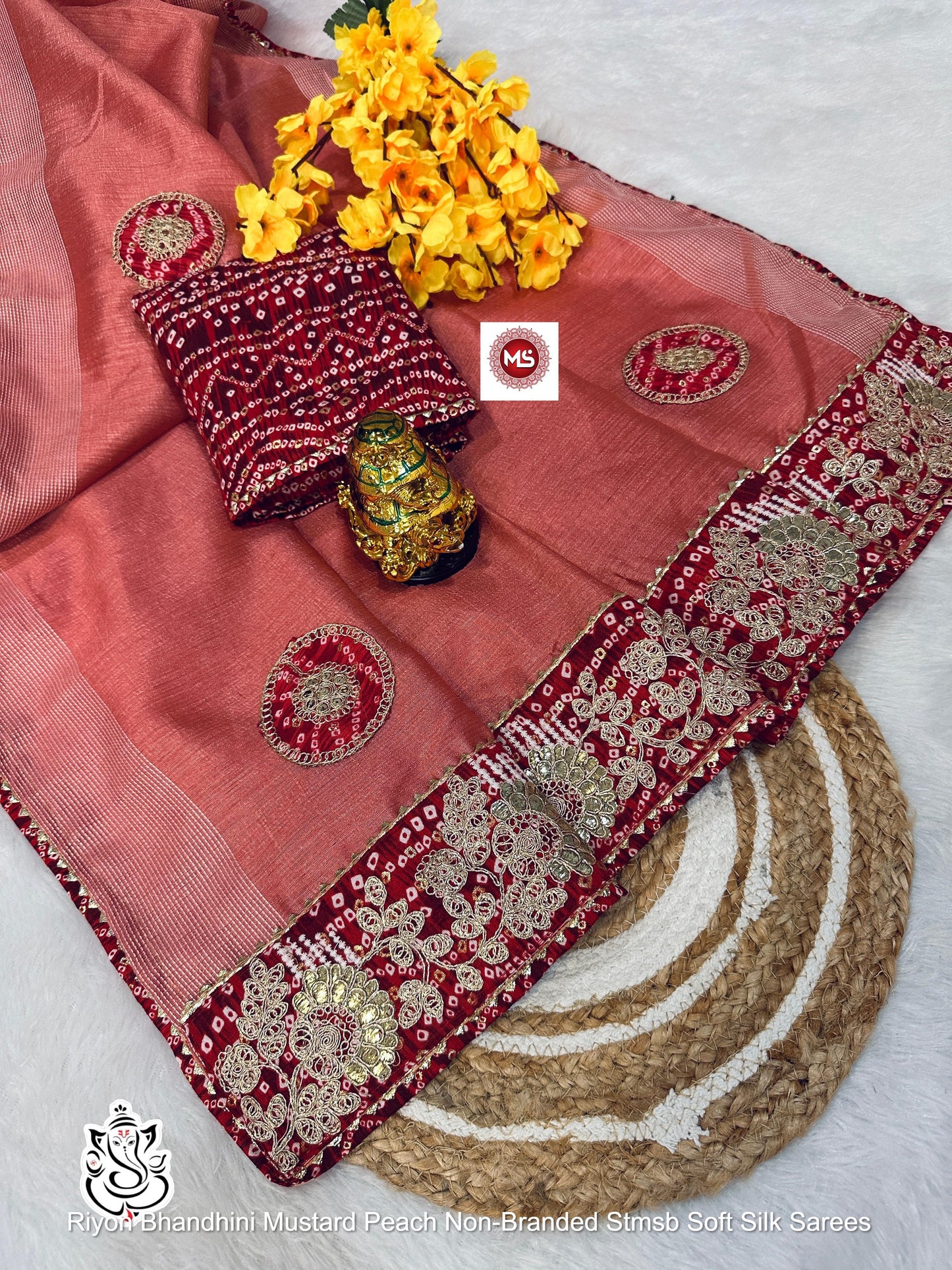 Riyon Bhandhini Mustard Peach Non-Branded Stmsb Soft Silk Sarees