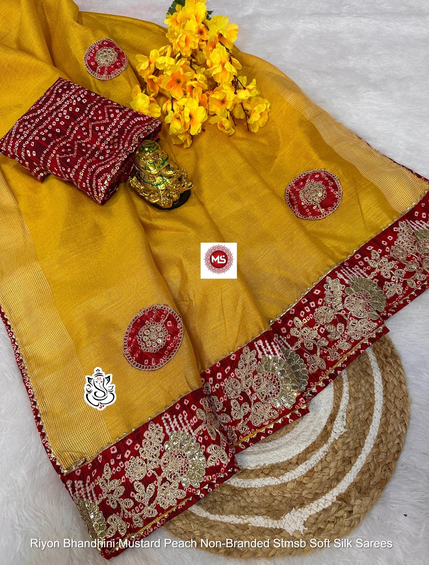 Riyon Bhandhini Mustard Peach Non-Branded Stmsb Soft Silk Sarees