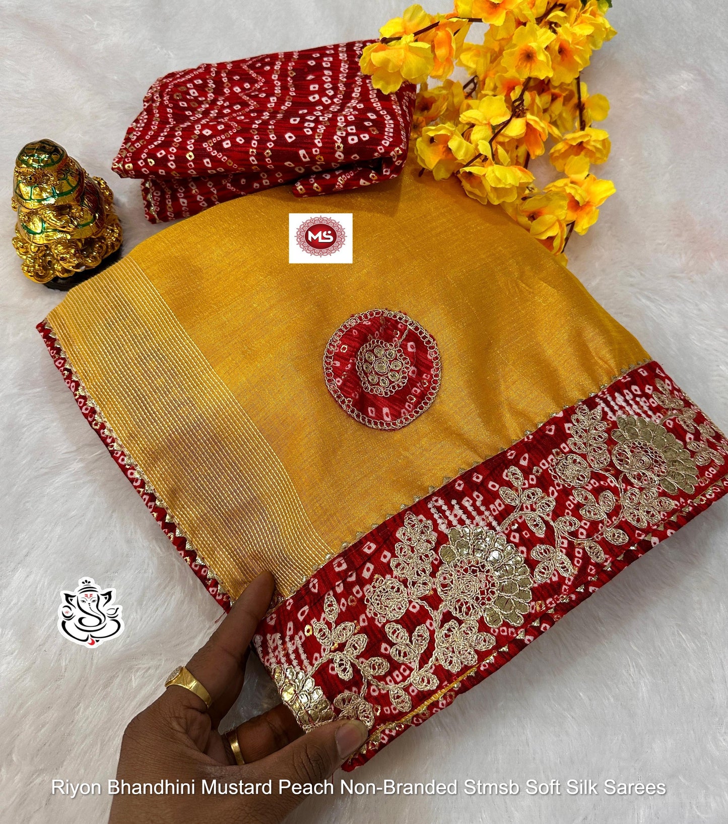 Riyon Bhandhini Mustard Peach Non-Branded Stmsb Soft Silk Sarees