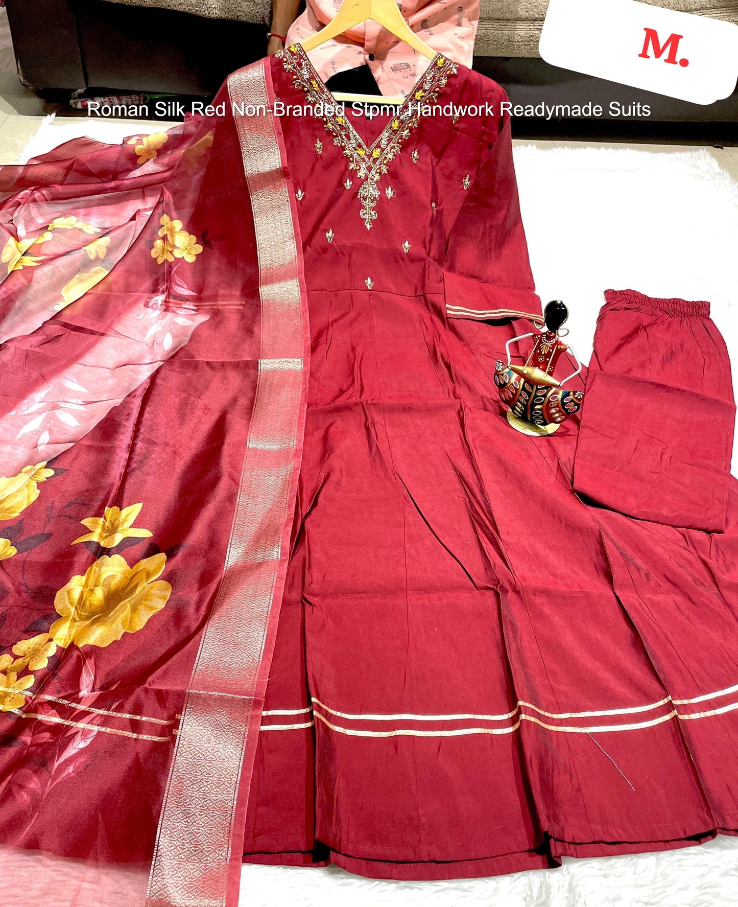 Roman Silk Red Non-Branded Stpmr Handwork Readymade Suits