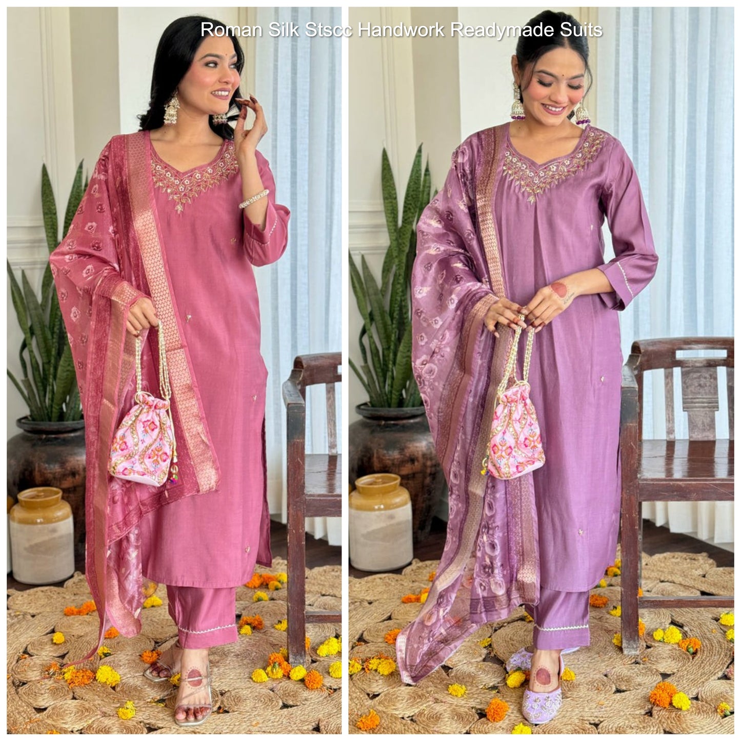 Roman Silk Stscc Handwork Readymade Suits