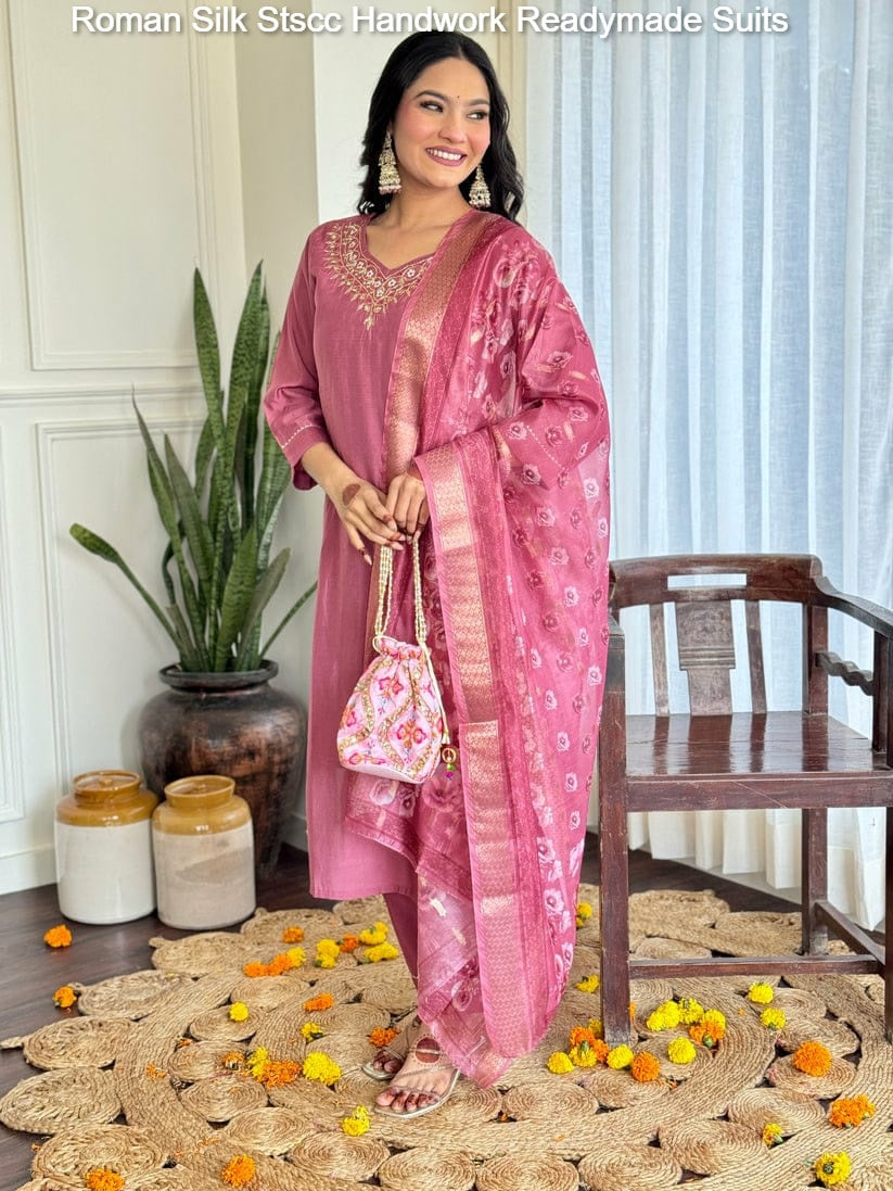 Roman Silk Stscc Handwork Readymade Suits