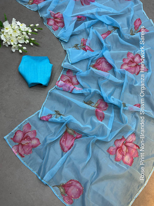 Rose Print Non-Branded Stsvm Organza Handwork Sarees