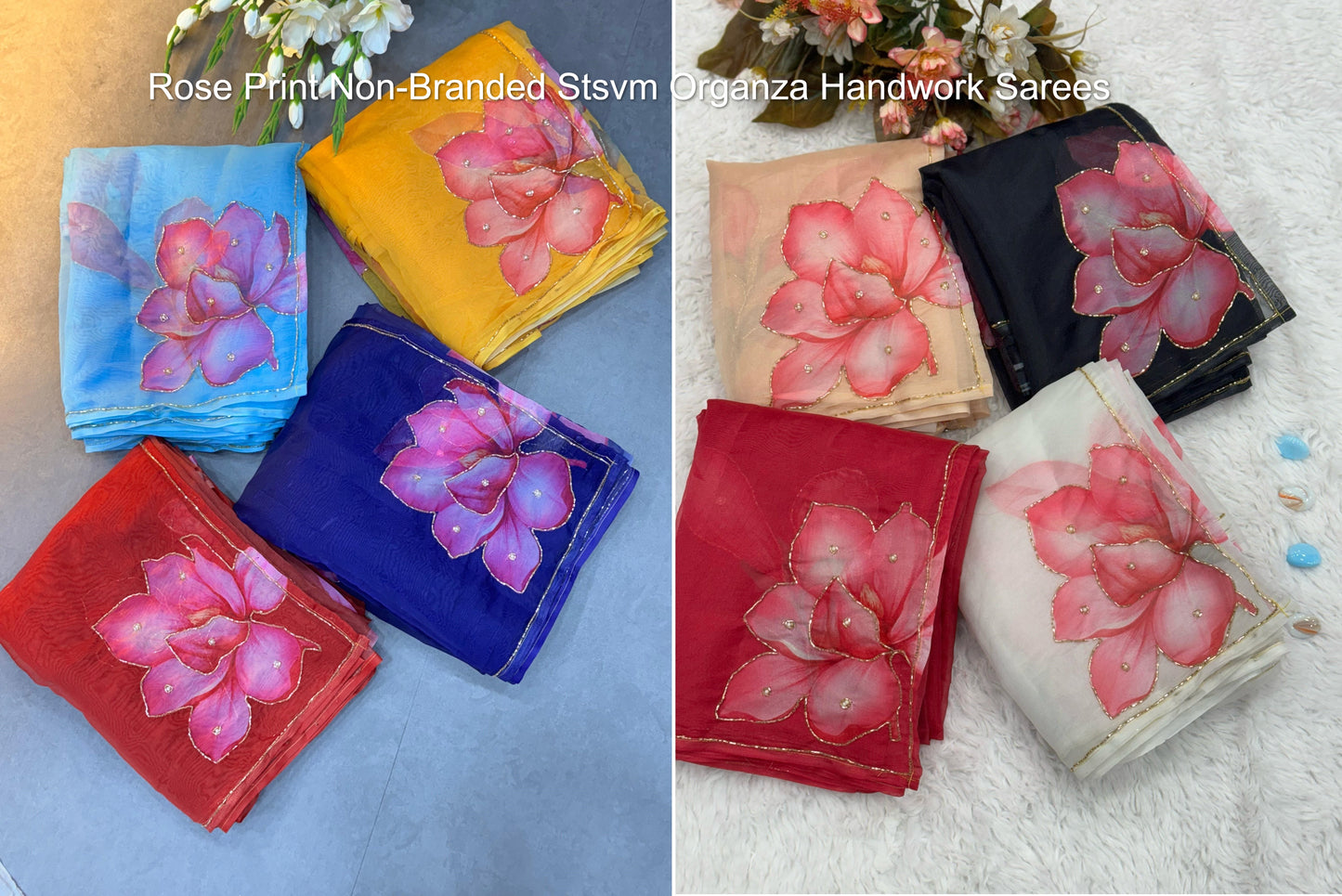 Rose Print Non-Branded Stsvm Organza Handwork Sarees