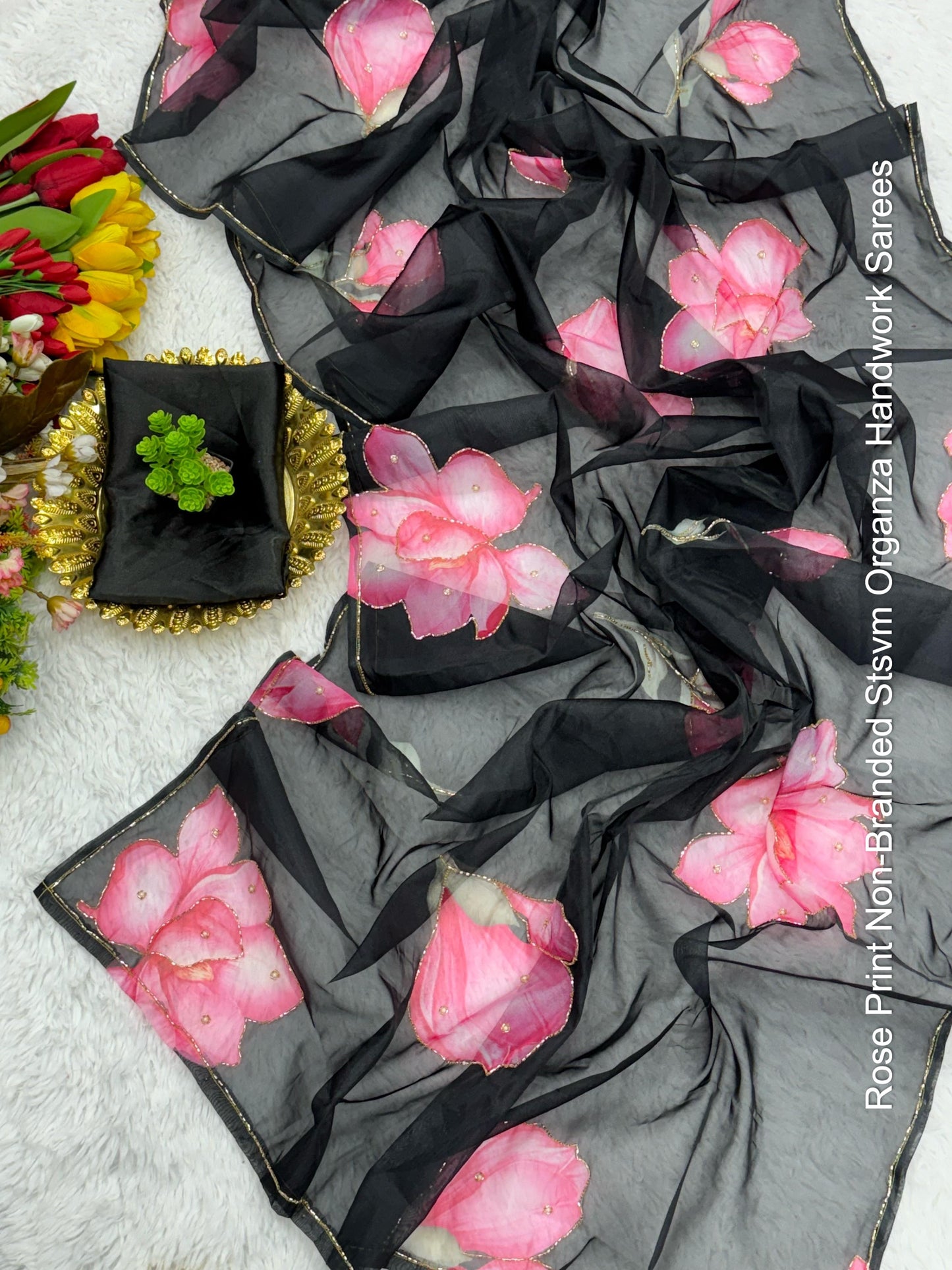 Rose Print Non-Branded Stsvm Organza Handwork Sarees
