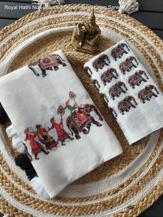 Royal Hathi Non-Branded Stvan Heavy Linen Sarees