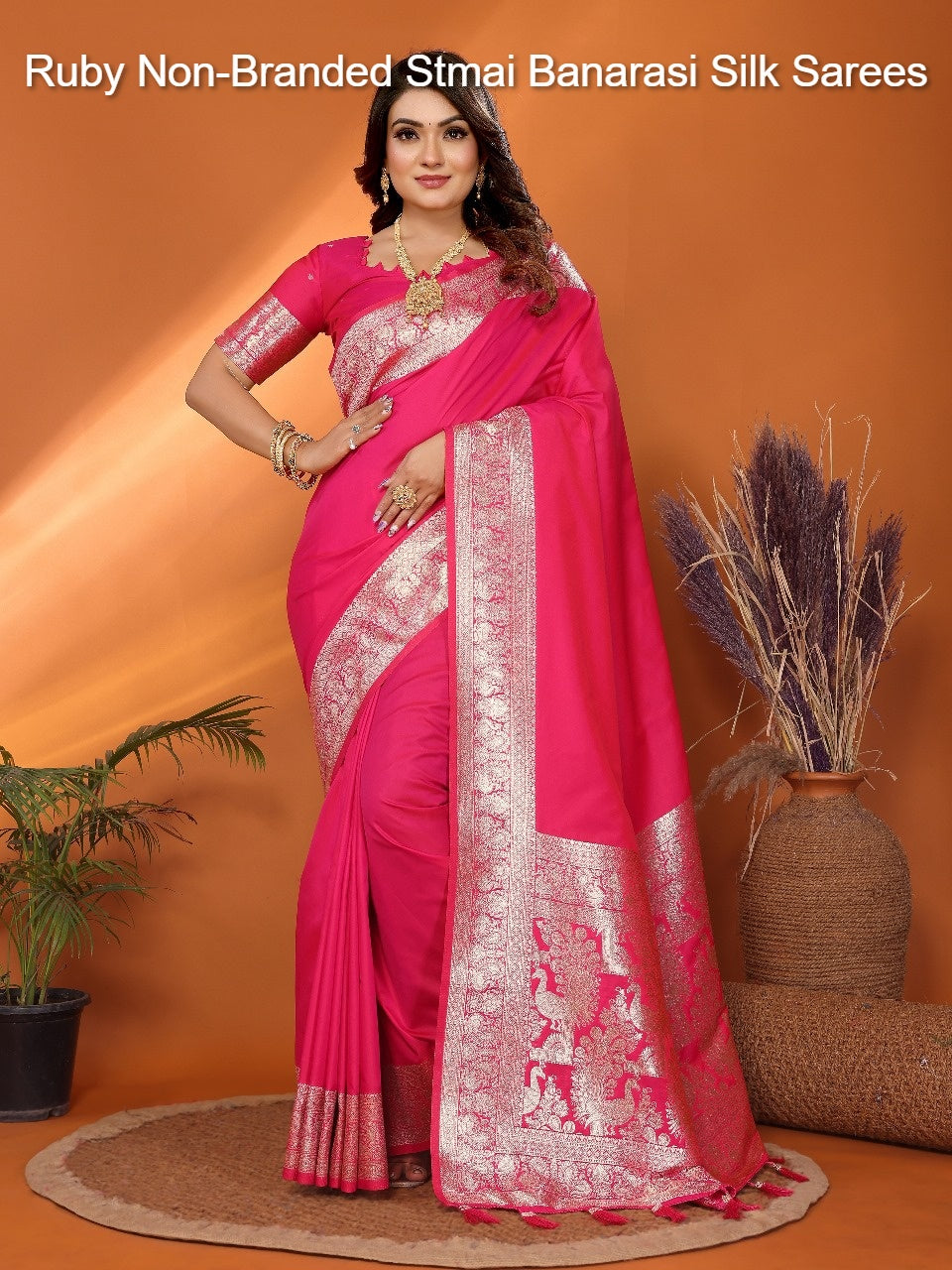 Ruby Non-Branded Stmai Banarasi Silk Sarees