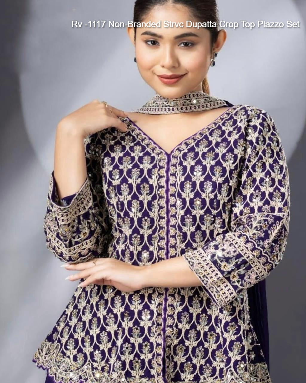 Rv -1117 Non-Branded Strvc Dupatta Crop Top Plazzo Set