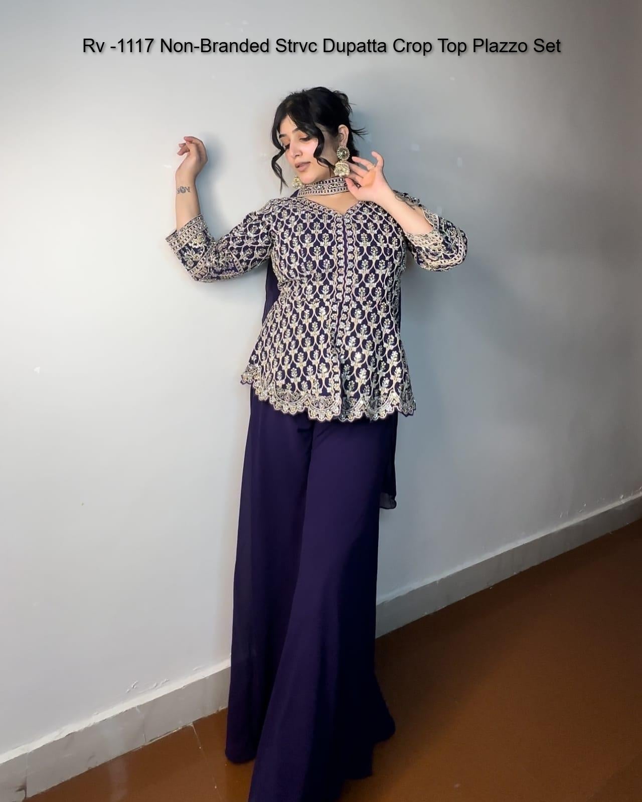 Rv -1117 Non-Branded Strvc Dupatta Crop Top Plazzo Set