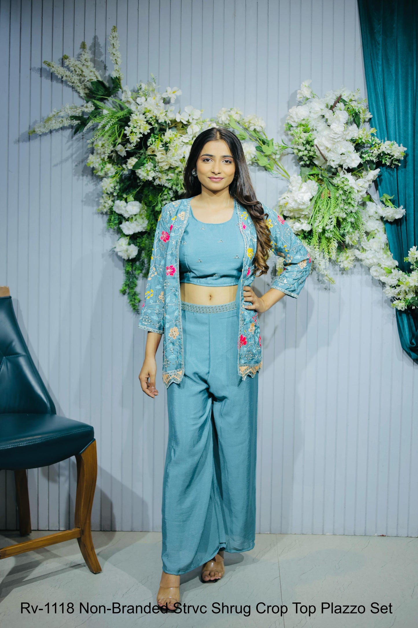 Rv-1118 Non-Branded Strvc Shrug Crop Top Plazzo Set