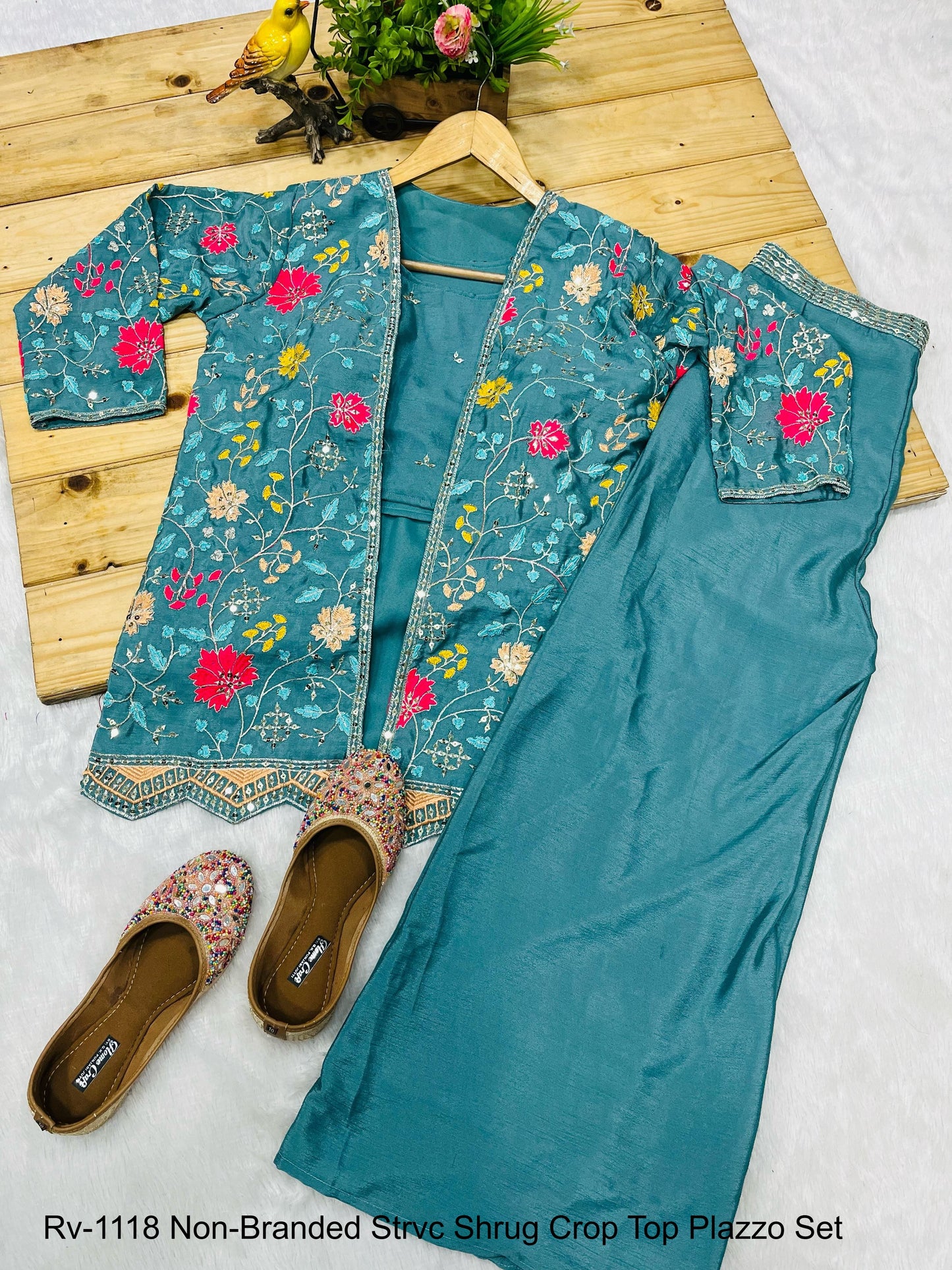 Rv-1118 Non-Branded Strvc Shrug Crop Top Plazzo Set