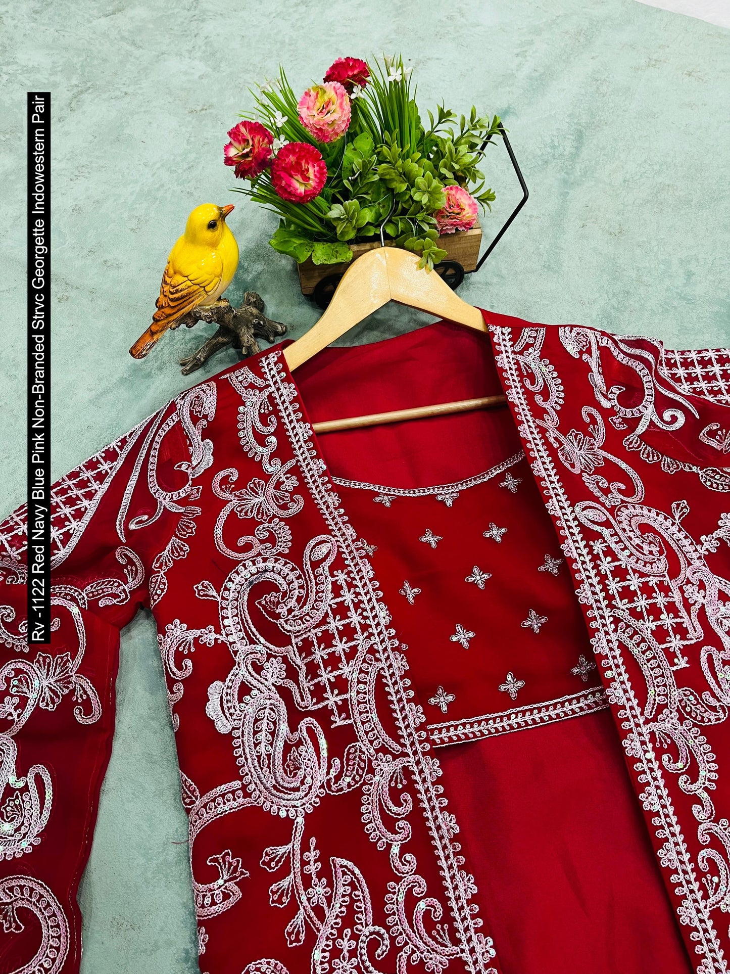 Rv -1122 Red Navy Blue Pink Non-Branded Strvc Georgette Indowestern Pair