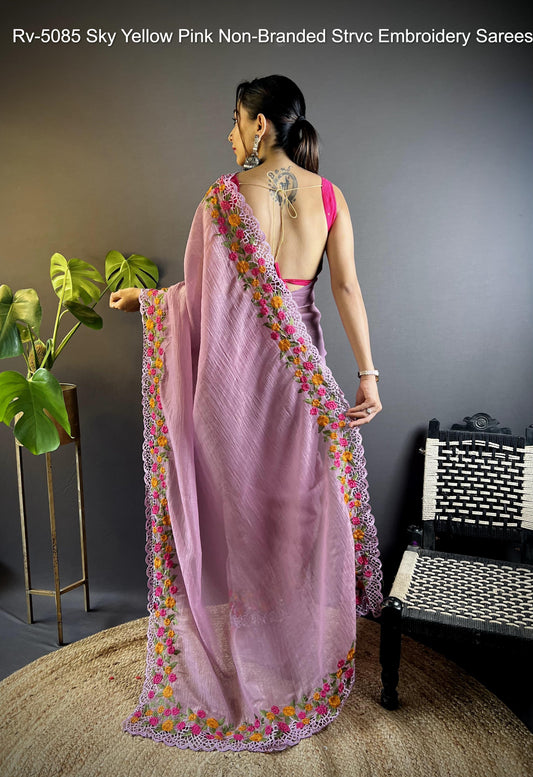 Rv-5085 Sky Yellow Pink Non-Branded Strvc Embroidery Sarees